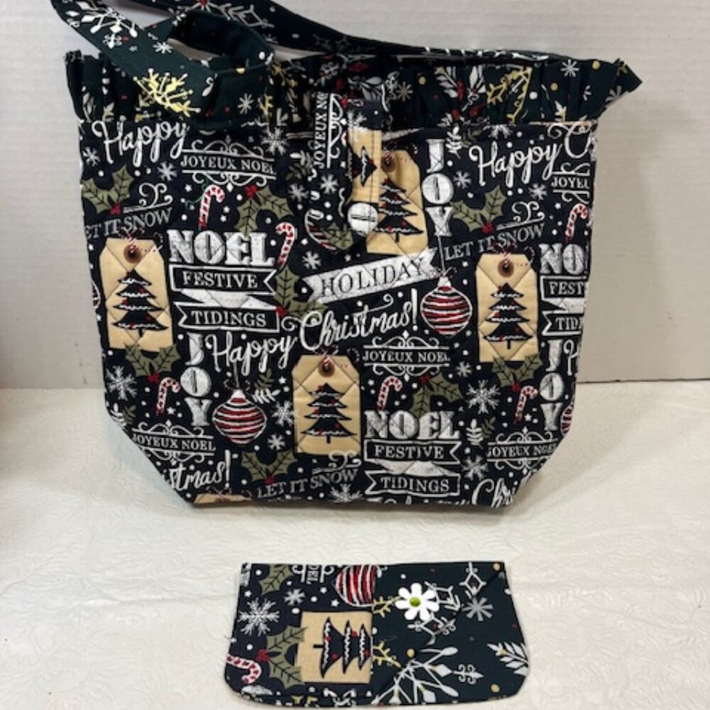 Handmade Winter Fabric Button Closure Cotton Tote Handbag w/Eyeglass Case NEW